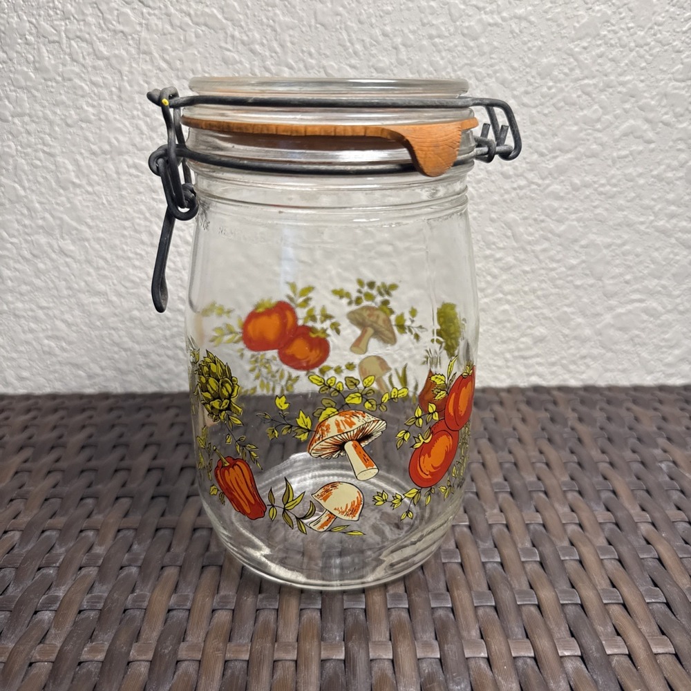 Vintage Arc France SPICE OF LIFE Mushroom GLASS Hinged Lid 1 L Canister Jar